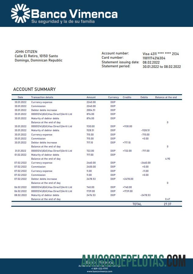 Dominican Republic Banco Vimenca modelo de extrato bancário